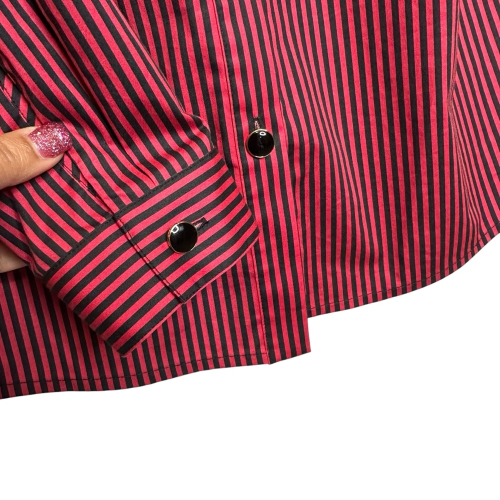ST. JOHN SPORT Black & Red Stripe Button Down Long Sleeve Top Size 2 - Picture 8 of 13